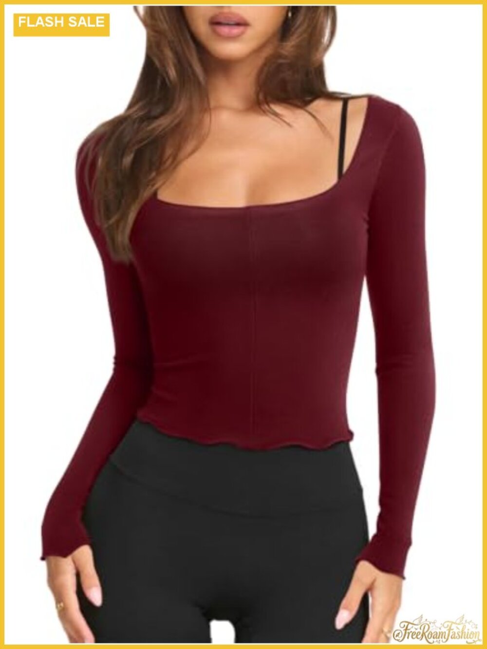 Women's Long Sleeve Semi Sheer Square Neck Workout Top Lettuce Trim
